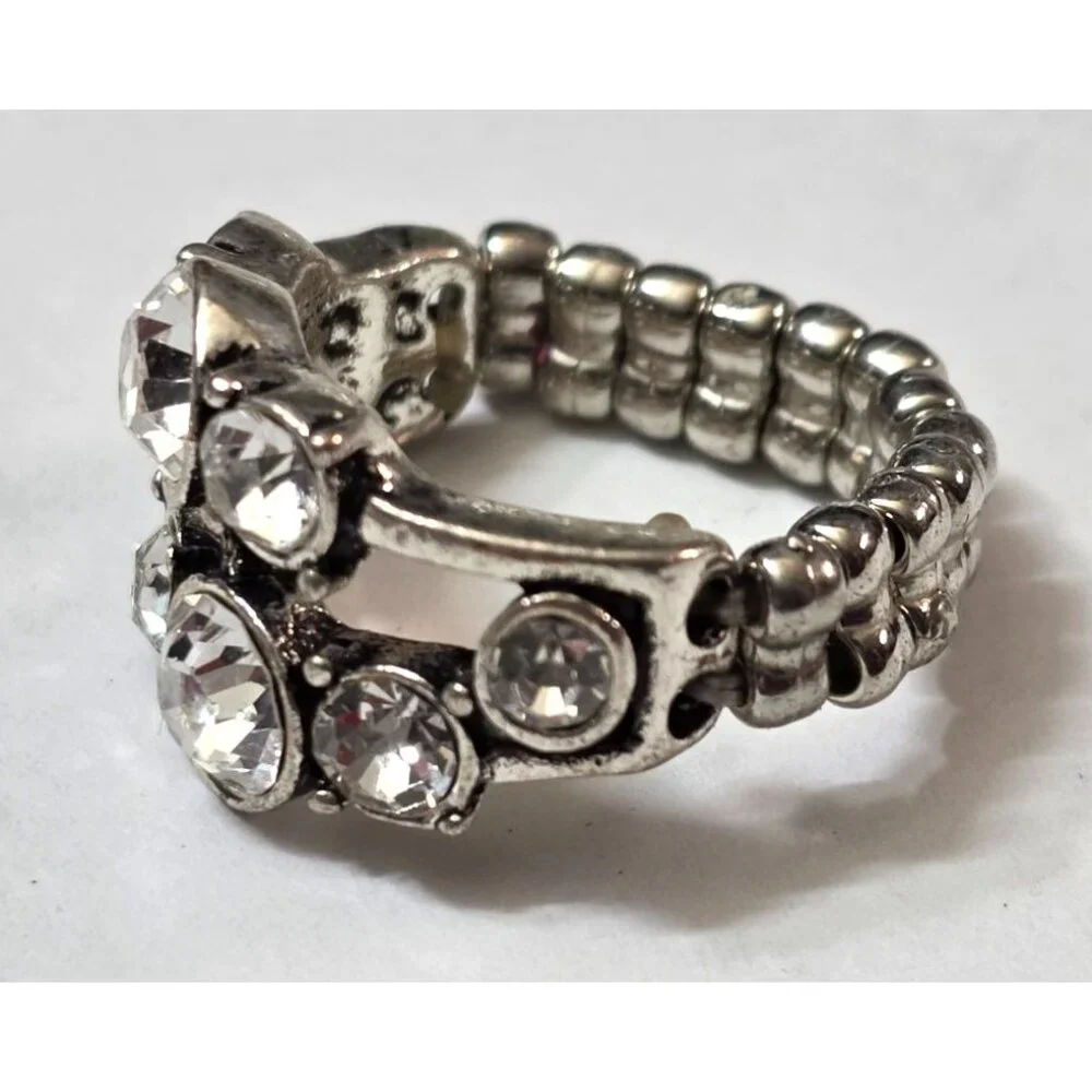 New Silver-Tone Stretch‎ Statement Cocktail Ring Clear Rhinestones Glam Boho
